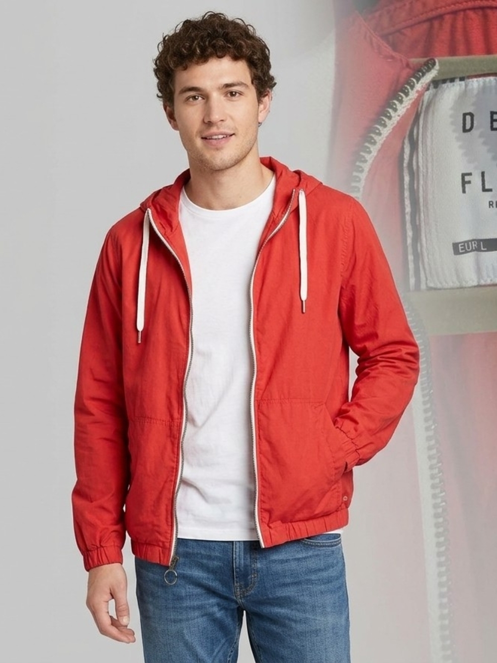 Denim & Flower Ricky Singh Red 100% Cotton Zip Front Hooded Windbreaker Jacket M
